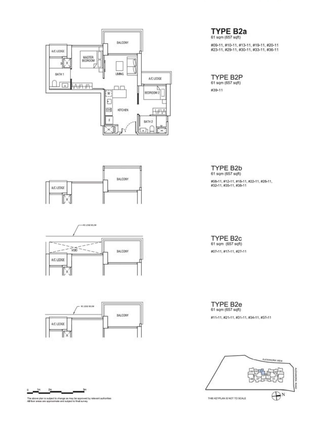 Alex Residences 2 Bedroom Type B2a, B2P, B2b, B2c, B2e Floor Plans