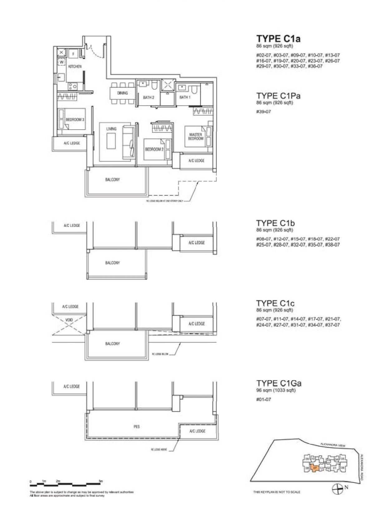Alex Residences 3 Bedroom Floor Plans Type C1a, C1Pa, C1b, C1c, C1Ga