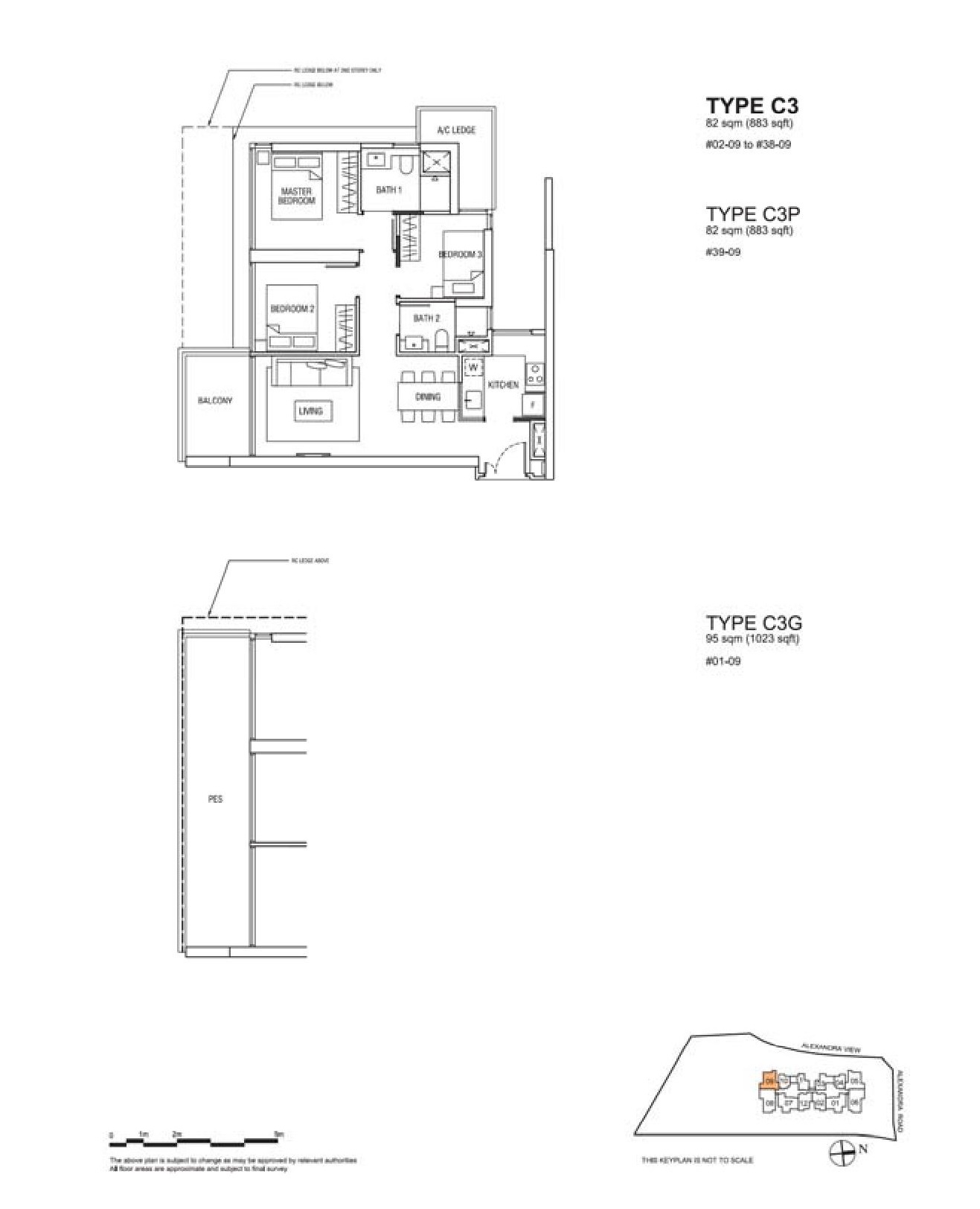 Alex Residences 3 Bedroom Floor Plans Type C3, C3P, C3G