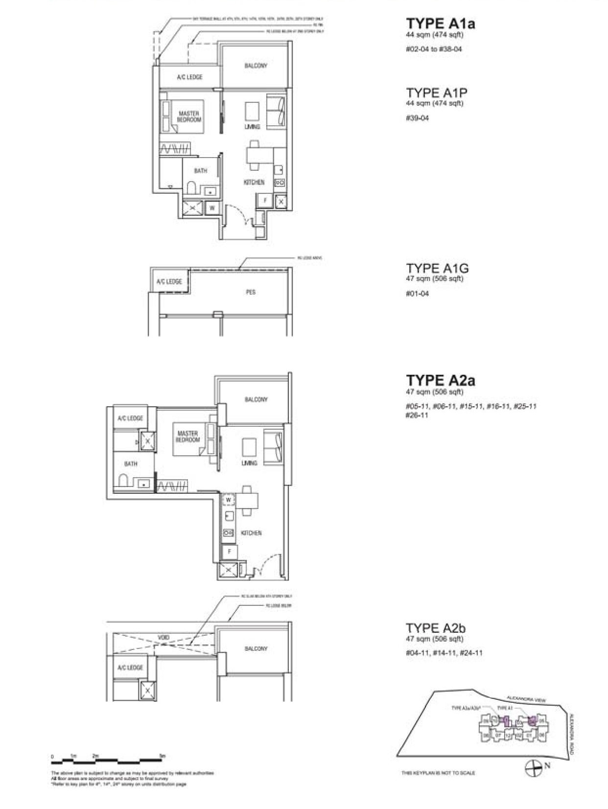 Alex Residences 1 Bedroom Type A1, A1P, A1G, A2a, A2b Floor Plans