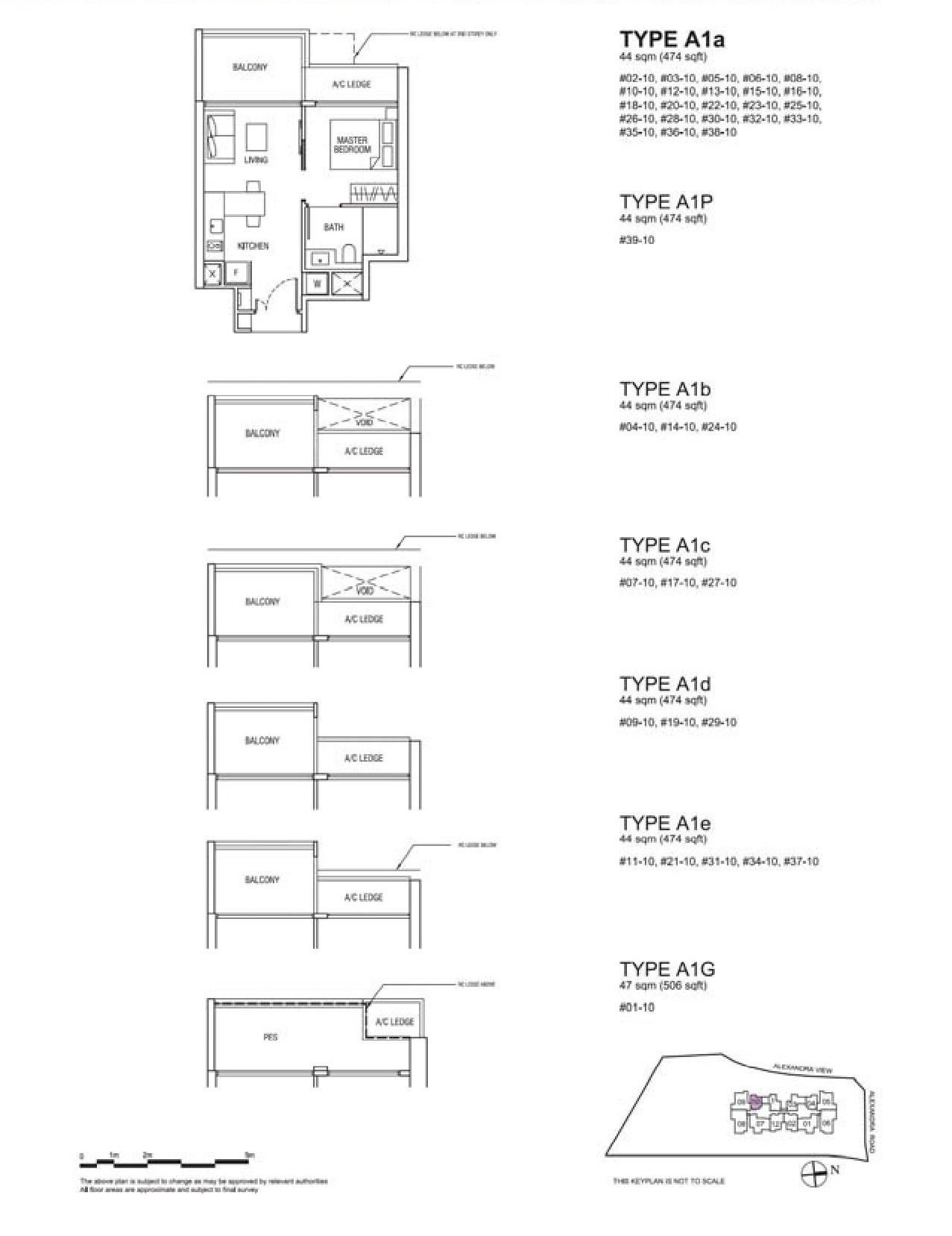 Alex Residences 1 Bedroom Type A1a, A1P, A1b, A1c, A1d, A1e, A1G Floor Plans