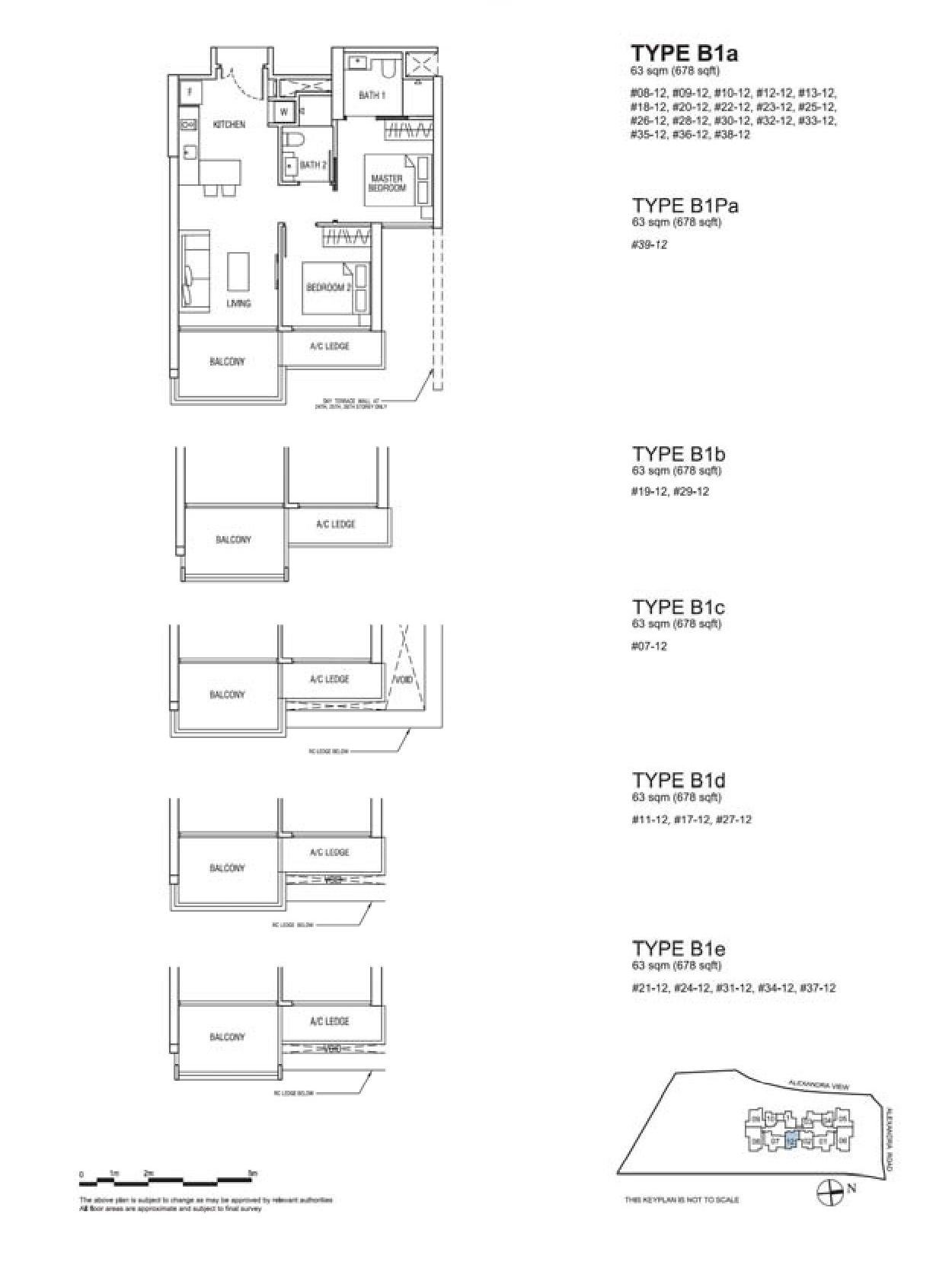 Alex Residences 2 Bedroom Type B1a, B1Pa, B1b, B1c, B1d, B1e Floor Plans